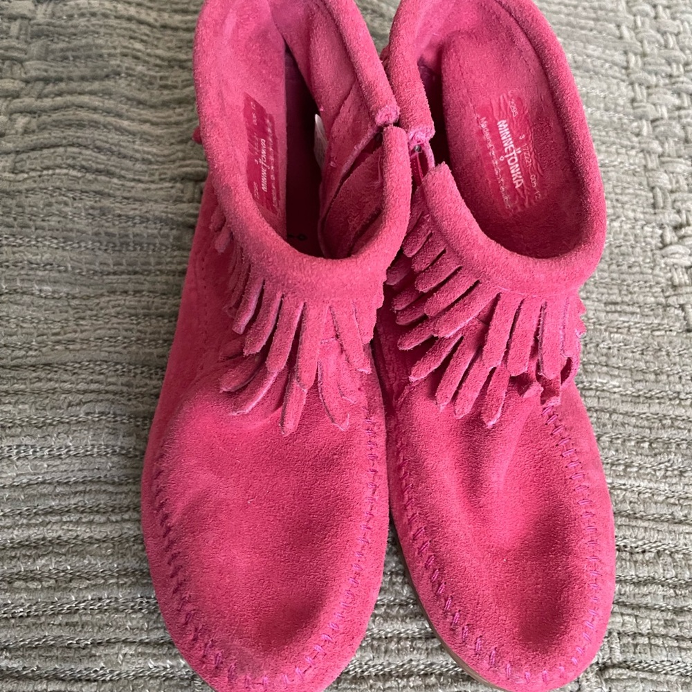 Girls Pink Suede Fringe Ankle Boots